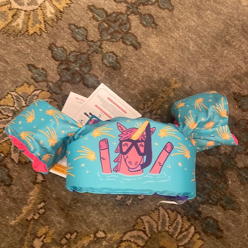 Body Glove Kids Swim Float Vest with Unicorn Graphic - Turquoise Pink Yellow